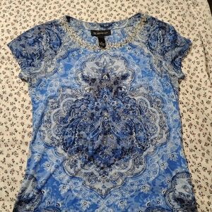 Blue Affliction Style Gemstone Patterned Women's Top